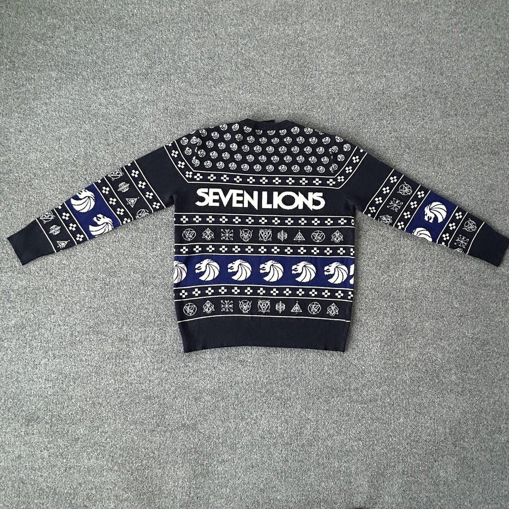 Seven Lions Sweater Mens‎ XL Navy Blue Knit Crewneck Holiday EDM Rave Graphic - Picture 10 of 10